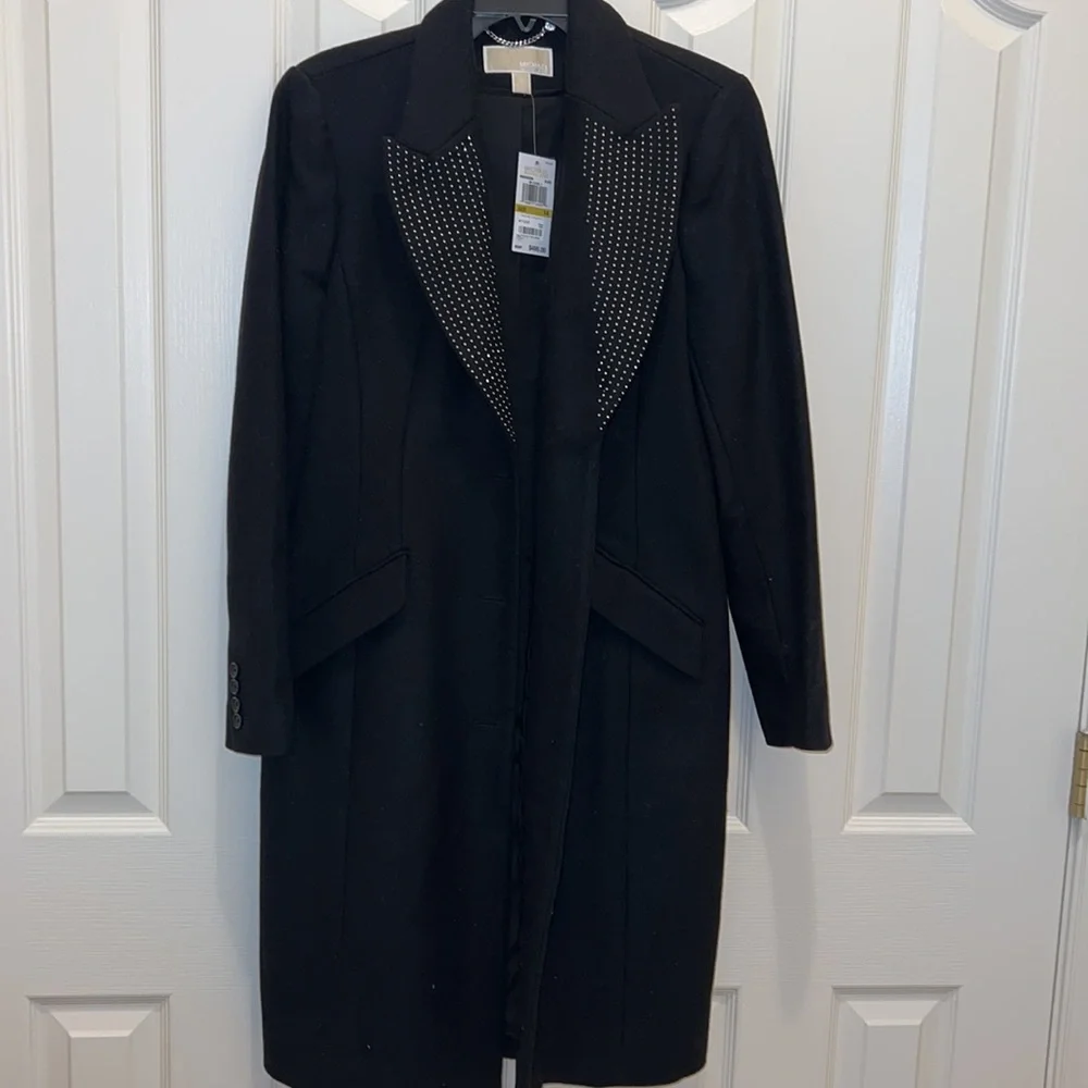 MICHAEL Michael Kors Black Studded Lapel Wool Elegant Coat